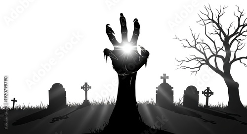 Spooky zombie hand rising from graveyard with tombstones and bare tree at night