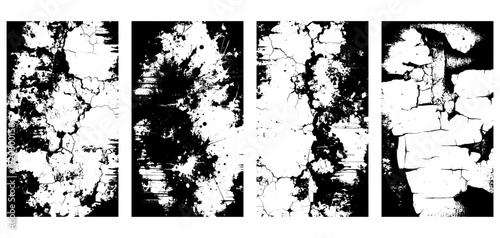 Four distinct black and white grunge texture vector backgrounds, featuring distressed concrete, cracked plaster, and rough brick patterns, ideal for overlay effects.