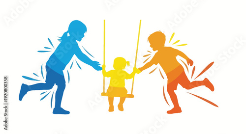 People playing with child on swing.