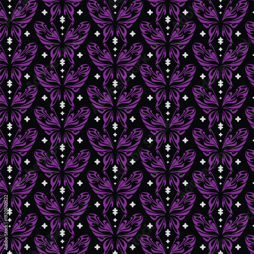 A vibrant purple and black patterned design with white accents