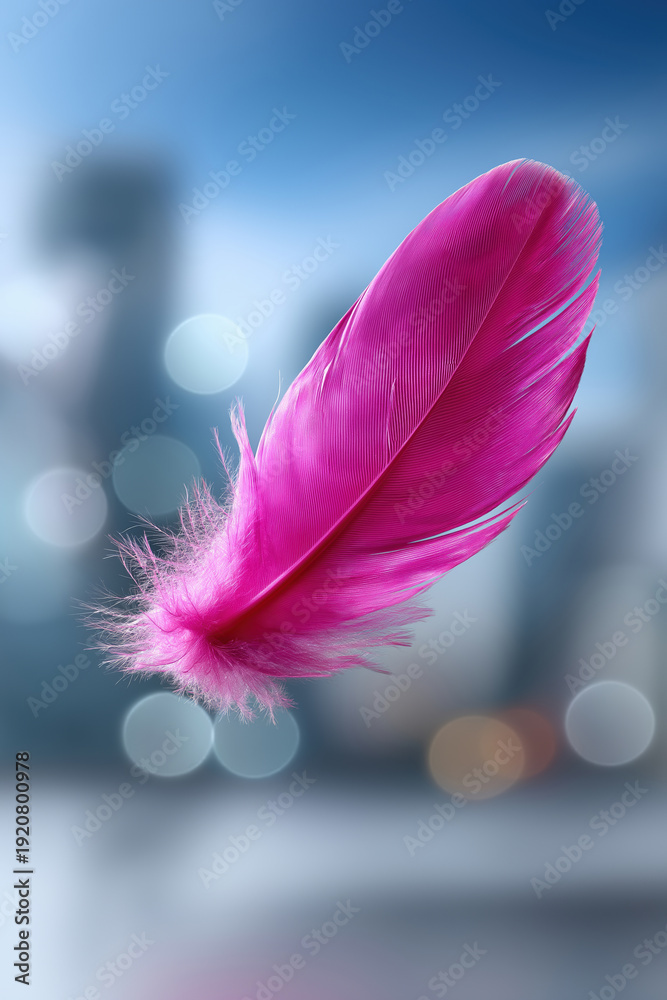 Naklejka premium Colorful feather floats in city background during daytime