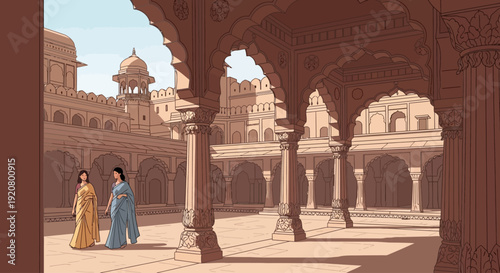 Two women in traditional Indian attire walk through a courtyard of a Mughal-era palace with ornate arches and columns.