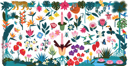 Vibrant colorful floral pattern with various flowers and plants on white background