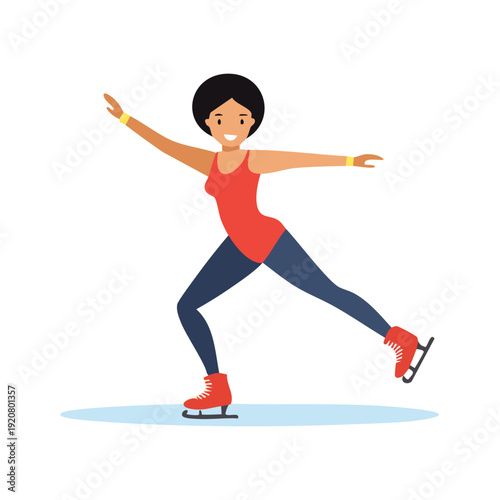 Woman ice skating on rink with arms outstretched and one leg extended in a joyful pose