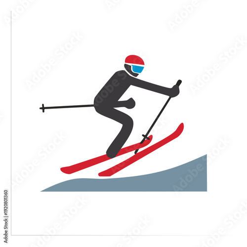 Skiing illustration of a person in action on red skis down a snowy slope