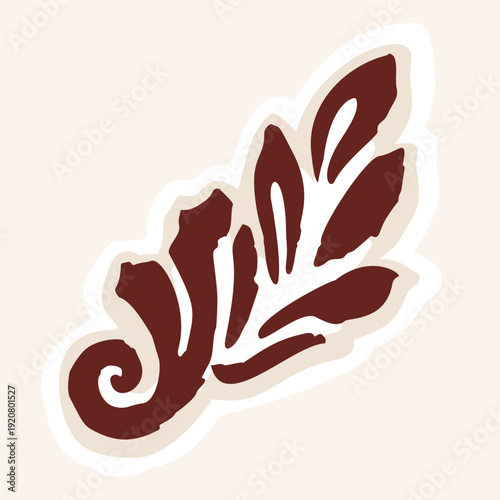 Hand drawn floral leaf accent flourish illustration motif. Ethnic block print style botanical flower shape. Isolated flat vector editable. Decorative jungle style creative autumn fall design element