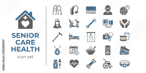 Senior Care Elderly Health Flat Icons-Walker Hearing Aid Pill Organizer Elderly Memory Nurse Scooter Caregiver-25 Senior Care Icon Set Vector - Elderly Icons