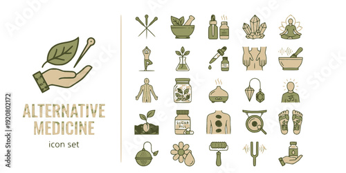 Alternative Medicine Wellness Flat Icons-Acupuncture Herbal Essential Oils Crystal Yoga Meditation Naturopathy Massage-20 Wellness Icon Set Vector - Holistic Icons