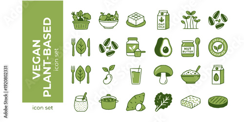 Vegan Plant-Based Diet Flat Icons-Vegetables Fruits Tofu Oat Milk Sprouts Avocado Protein Nut Butter Badge-25 Vegan Icon Set Vector - Plant Based Icons