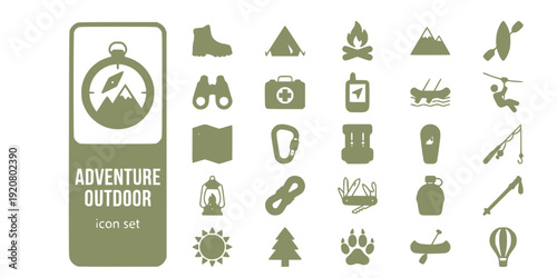 Adventure Outdoor Travel Flat Icons-Hiking Boot Tent Campfire Mountain Kayak Binoculars GPS Rafting Zip Line-25 Adventure Icon Set Vector - Outdoor Icons
