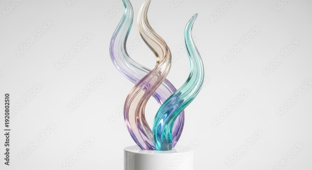 Fototapeta premium A glass sculpture with three abstract, flowing shapes in pastel colors on a white pedestal.