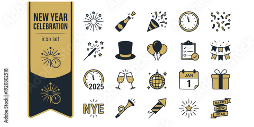 New Year Celebration Flat Icons-Fireworks Champagne Party Popper Countdown Confetti Sparkler Top Hat Balloons-20 New Year Icon Set Vector - Celebration Icons