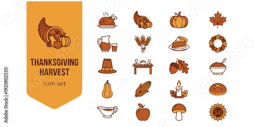 Thanksgiving Autumn Harvest Flat Icons-Turkey Cornucopia Pumpkin Maple Leaf Cider Wheat Pie Wreath Pilgrim Hat-20 Thanksgiving Icon Set Vector - Harvest Icons