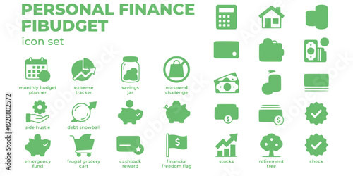 Personal Finance Budgeting Flat Icons-Budget Planner Expense Tracker Savings Jar Side Hustle Debt Emergency Fund-20 Finance Icon Set Vector - Budget Icons