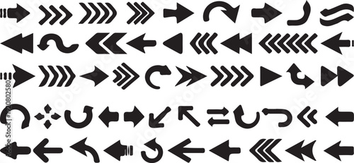 A collection of various black arrow symbols on a white background for design and navigation purposes