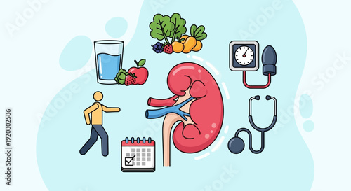 World Kidney Day illustration showing healthy kidney and nutrition on a light blue background from a top view