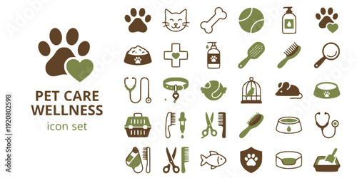 Pet Care Animal Wellness Flat Icons-Dog Paw Cat Face Food Bowl Vet Leash Carrier Flea Grooming Aquarium Insurance-20 Pet Care Icon Set Vector - Animal Icons