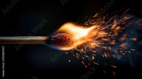 A matchstick is struck against a surface. The friction ignites the match causing bright flames and sparks to burst in the dark. This moment captures the start of fire.