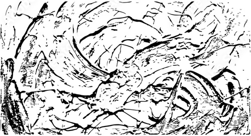 Abstract black and white vector background with dynamic, flowing lines and organic shapes creating a textured, chaotic yet harmonious composition. Features a distressed