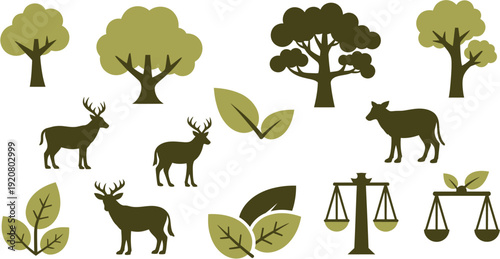Diverse collection of natural world icons featuring trees, deer, leaves, and ecological balance scales, symbolizing environmental protection and wildlife conservation for various design projects