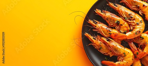 Panel kuchenny z motywem Delicious grilled shrimp with herbs and spices served on a black plate against a vibrant yellow background perfectly