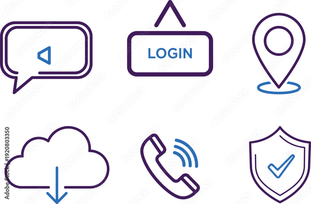 Fototapeta premium Collection of six icons representing communication navigation security and cloud storage