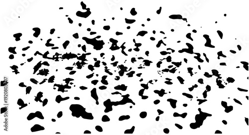 Abstract black ink splatter texture vector graphic. Irregular organic dots and blotches create a distressed, grunge effect, isolated on a transparent background.