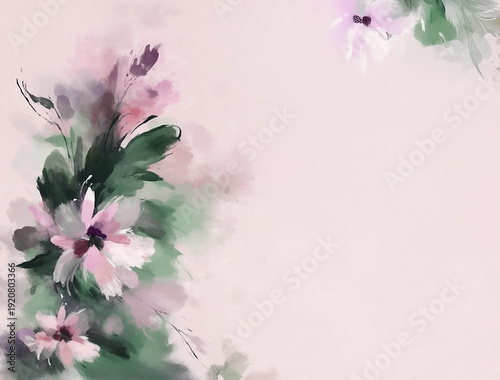 A flower watercolor illustration with a large pink copy space area.