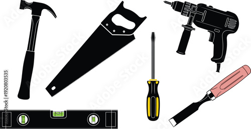 Construction tool vector illustration, woodworking equipment graphics, DIY project tools drawing, colorful hand and power tool art - flat vector illustration