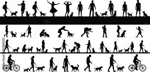 Dog walking silhouette vector, people with pets illustration, human and dog interaction graphics, black and white drawing - flat vector illustration
