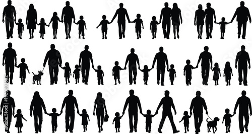 Family silhouette vector illustration, diverse family group graphics, parent and child drawing, black and white relationship art - flat vector illustration