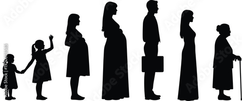 Human life cycle silhouette vector, aging stages illustration, generational diversity graphics, black and white development drawing - flat vector illustration
