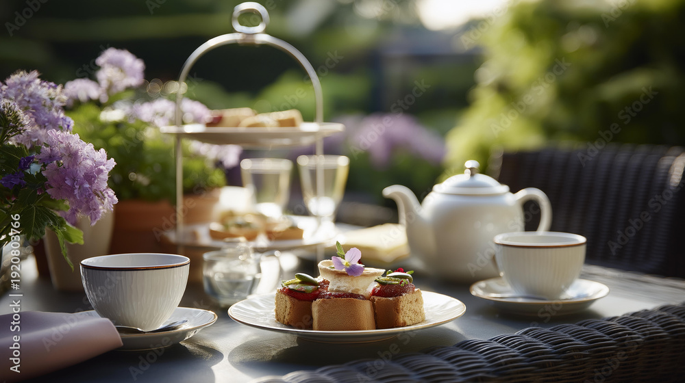 Fototapeta premium Outdoor cafe table with elaborate afternoon tea setup tiered cake stand with mini sandwiches and scones teapot fine china cups no people elegant lifestyle photography soft
