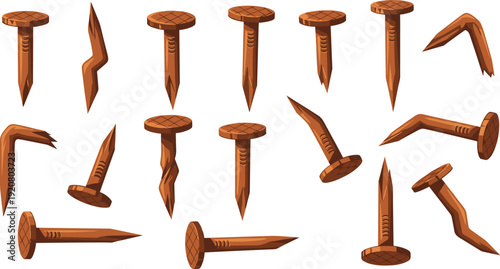 Cartoon nail vector illustration, bent and broken nail graphics, whimsical construction drawing, black and white tool art - flat vector illustration