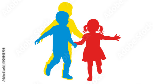 Children holding hands in colorful silhouettes.