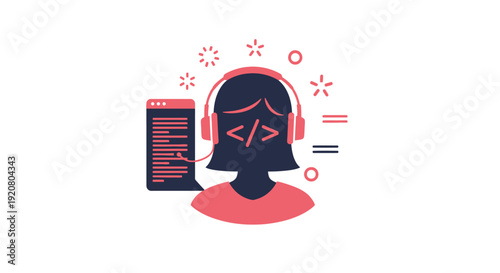 Woman wearing headphones coding on computer.