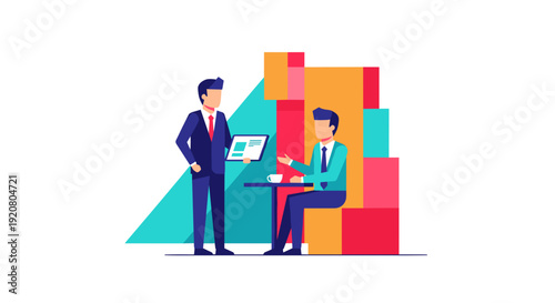 Investment Negotiation Concept – Flat Vector of Startup Founder Presenting to Investor, Bold Geometric Style