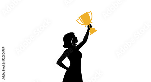 Woman holding golden trophy cup high.
