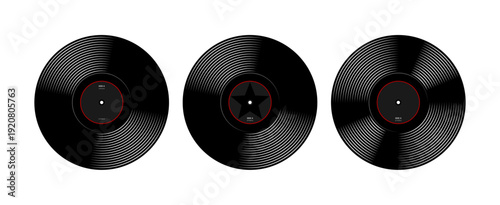 Three vinyl record discs with red and black labels for graphic design element. Creative retro musical concept for design.