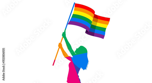 Person holding a rainbow flag high.