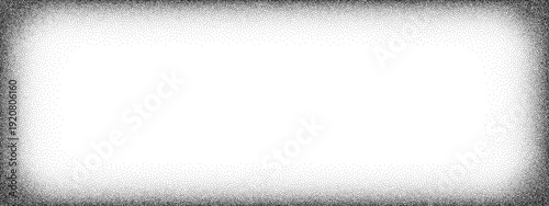 Vignette border frame made from stipple dot grain texture. Halftone overlay film noise effect. Abstract black white pattern background for graphic design.
