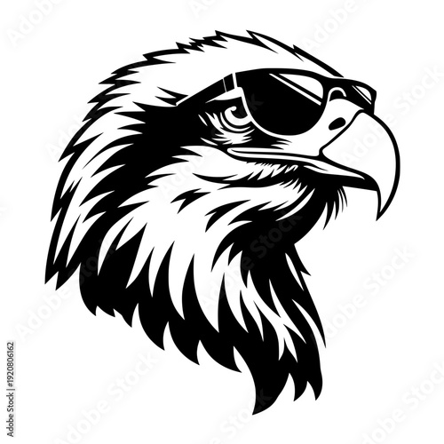 black eagle head portrait silhouette illustration with sunglasses, cool fierce wildlife predator raptor bird symbol isolated on white background in modern minimal design.