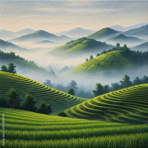 Serene green hills with terraced fields.