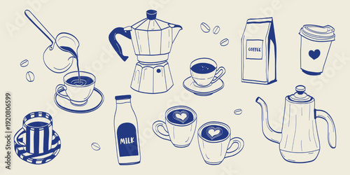 Hand drawn coffee set doodle illustration with cups, moka pot, kettle and beans. Mediterranean cafe style line art, minimal vector elements for menu, packaging, stickers, branding and kitchen design