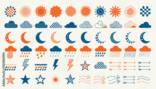Very beautiful whimsical hand-drawn weather icon set featuring sun, moon, clouds, rain, lightning, stars, and wind lines in creative doodle style for artistic and modern layouts.
