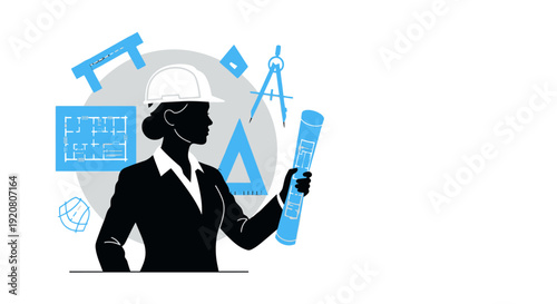 Businesswoman Holding Blueprints and Tools.