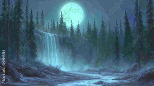 Nighttime waterfall scene with full moon in a forest serene and atmospheric