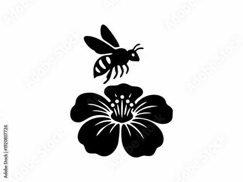 Bee Flying Over Flower Silhouette Icon, Minimalist Nature Concept Isolated on White Background