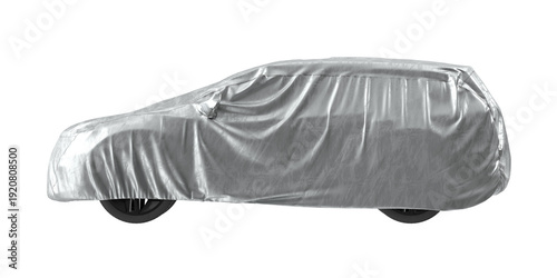 Schilderij op canvas Silver car covered with a protective fabric, isolated on a white background