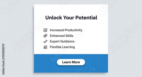 Online learning and development concept with unlock your potential text and checkmark icons on white and blue background